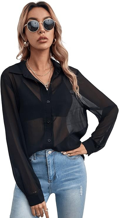 Floerns Women's Button Front Long Sleeve Shirt Sheer Mesh Work Blouse Top | Amazon (US)