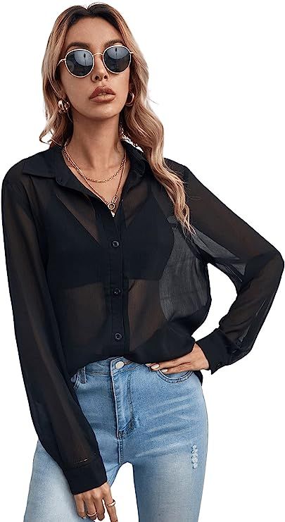 Floerns Women's Button Front Long Sleeve Shirt Sheer Mesh Work Blouse Top | Amazon (US)