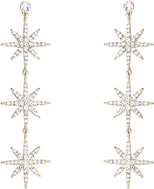 Blingsoul Gold 3 Star Earrings - Silver Crystal 3 Hexagonal Snowflakes Dangling Wedding Jewelry f... | Amazon (US)
