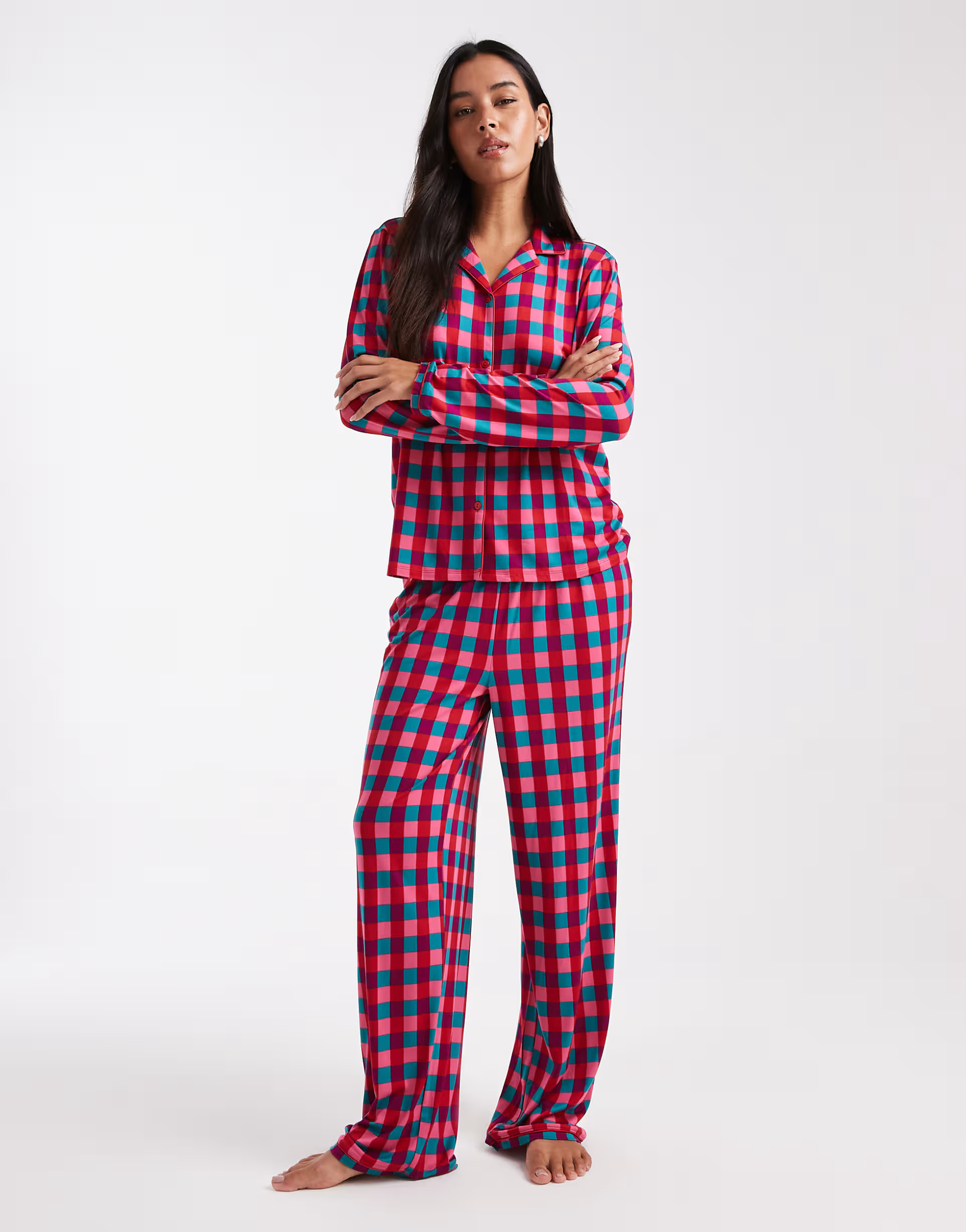 Urban Threads Christmas long sleeve revere and pants pajama set in red check print | ASOS | ASOS (Global)