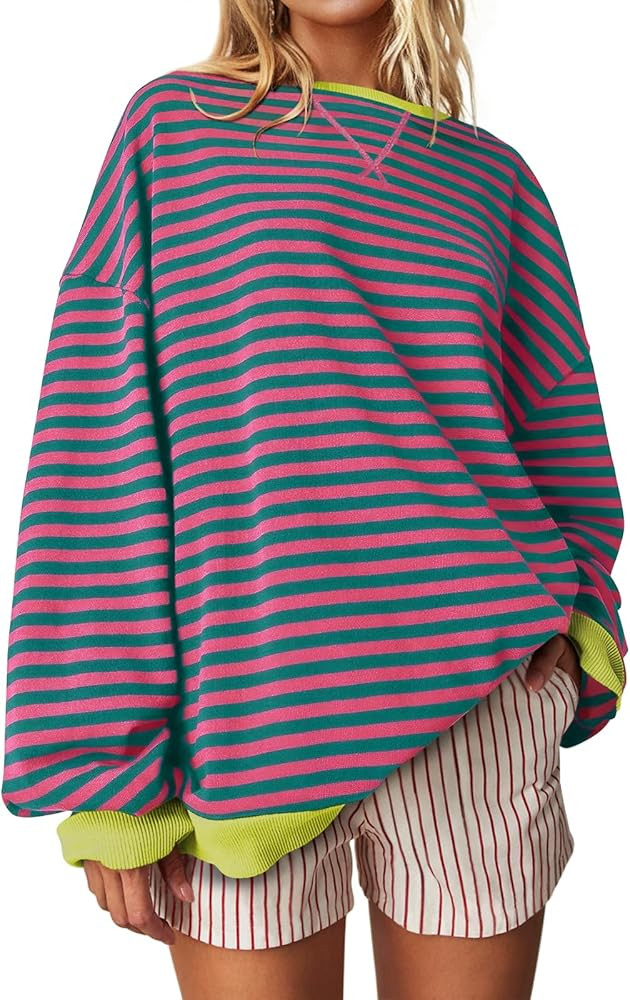 UEU Women Oversized Striped Crewneck Sweatshirt Long Sleeve Color Block Pullover Tops Casual Loos... | Amazon (US)