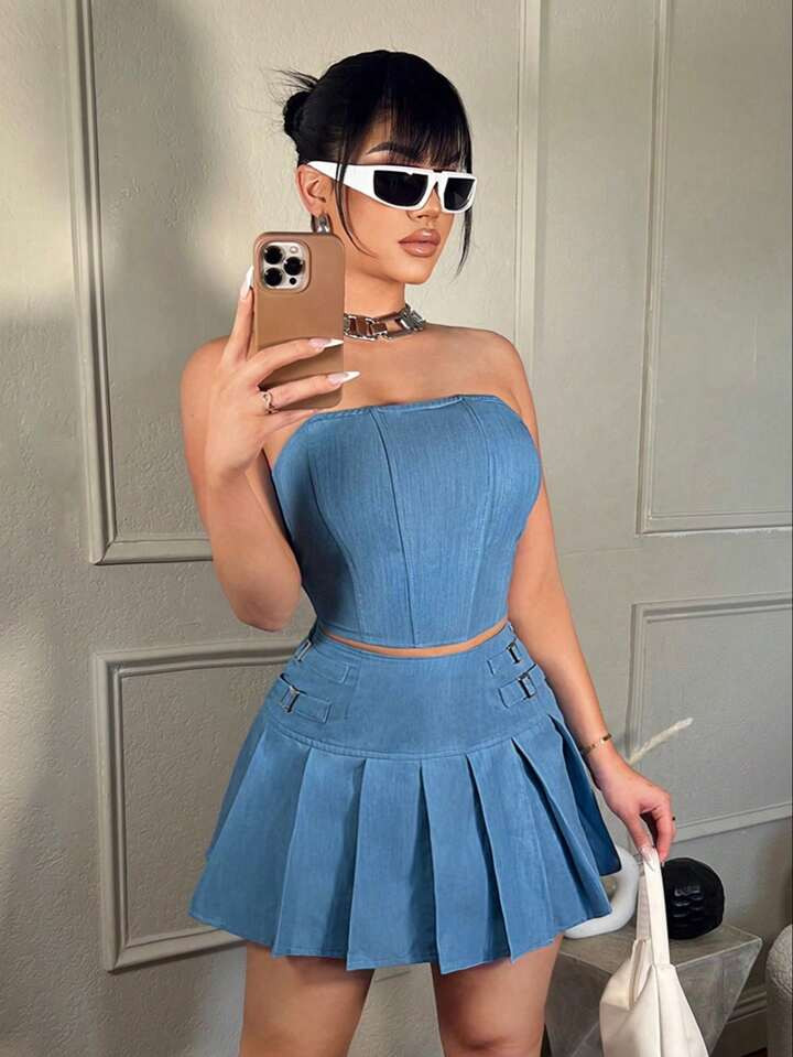 SHEIN SXY Women Tight Strapless Crop Top And Pleated Skirt Set For Party Or Club In Summer | SHEIN