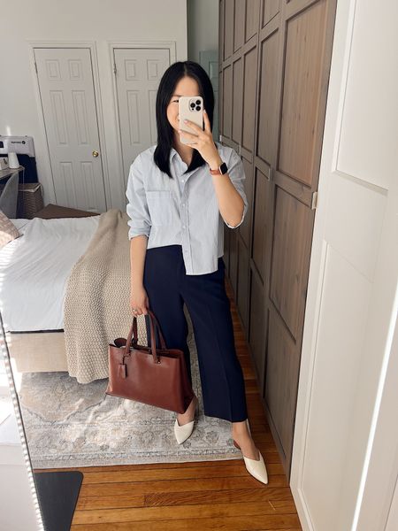 Blue and white striped shirt (XS)
Navy pants (4P)
Navy wide leg pants
Dark brown tote bag
White pumps (1/2 size up)
White mule pumps 
Smart casual outfit
Business casual outfit
Spring work outfit

#LTKSaleAlert #LTKWorkwear #LTKStyleTip