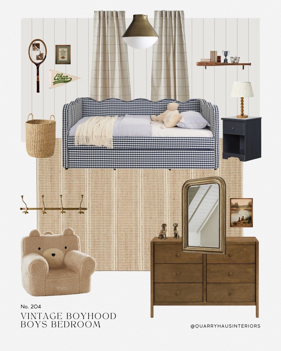 When I saw this navy gingham daybed, I knew I had to make a design for it 💙 I combined the classic print with vintage inspired pieces and a few nods to some boyhood favorites like fishing, sports, dogs and more. 

Toddler big kid boy bedroom design decor furniture inspirationn

#LTKKids #LTKHome