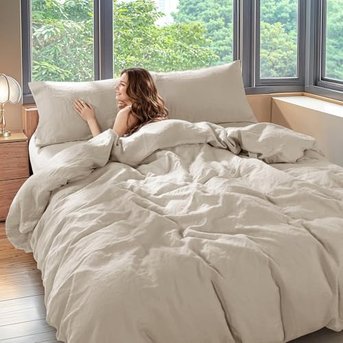 Shilucheng 100% Linen Queen Duvet Cover Set, Luxury Pure Natural French Flax Linen Duvet Cover with Zipper Closure & Corner Ties, Cooling Breathable Comforter Cover 3 Piece (Linen) | Amazon (US)