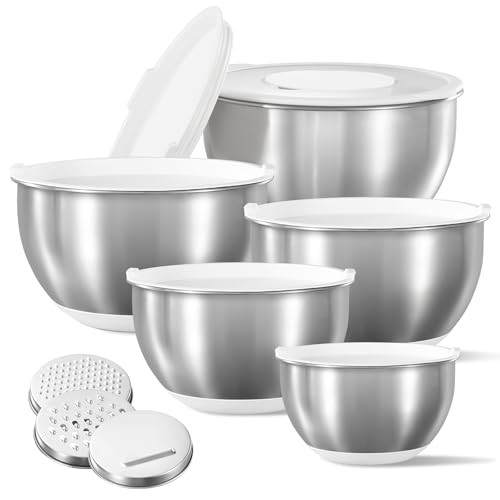 CAROTE Stainless Steel Mixing Bowls with Lids Set,12 Pcs Nesting Bowls Clear Airtight Lids 3 Grater Attachments,Non-Slip Bottoms & Measurement Marks Mixing Bowls,Size 5,3,2,1.5,1QT | Amazon (US)