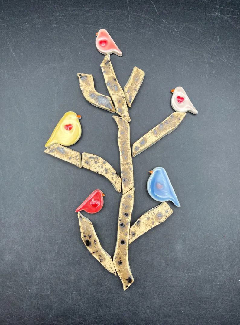 Ceramic tree branch mosaic tiles, with ceramic birds, hand cut, each one is a unique piece made b... | Etsy (US)