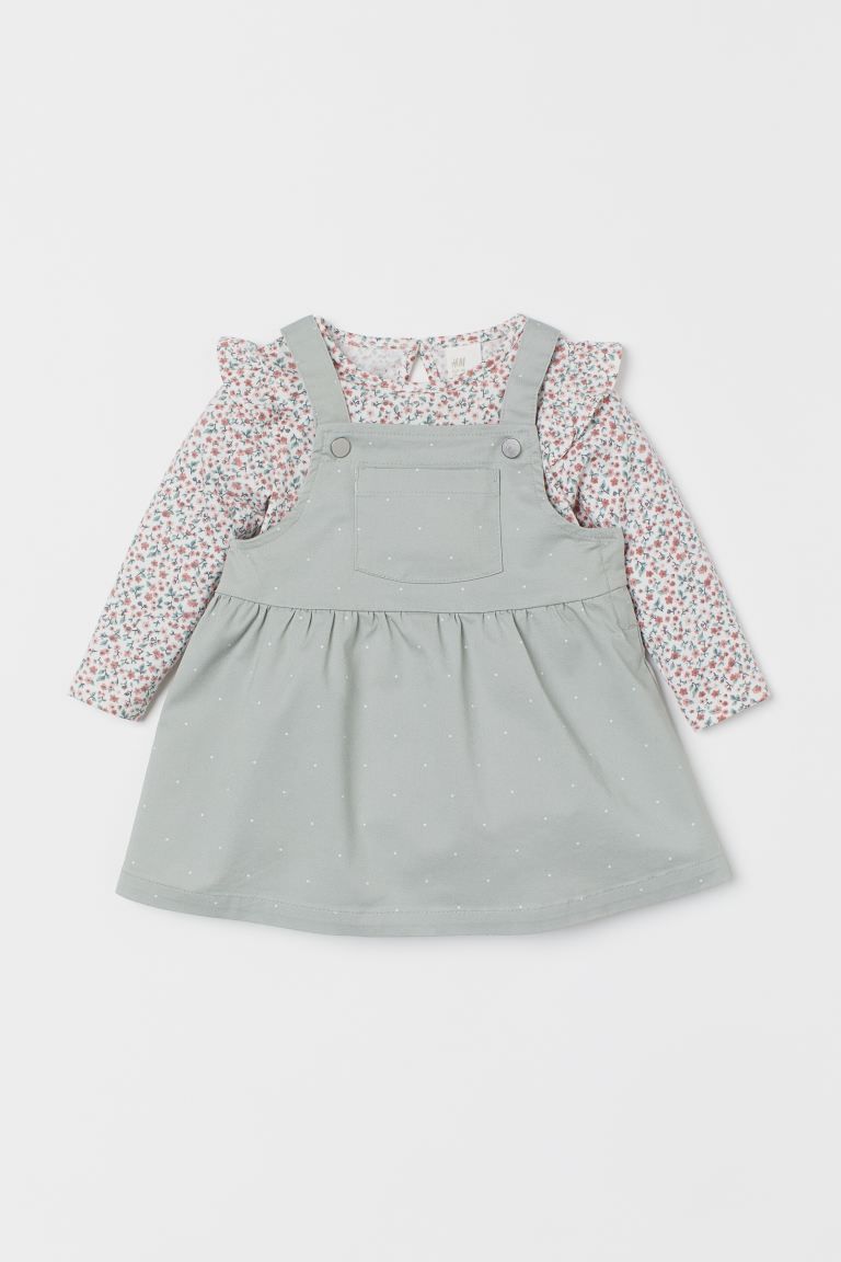 Set with a long-sleeved top and overall dress in soft fabric. Top in cotton jersey with ruffle tr... | H&M (US + CA)