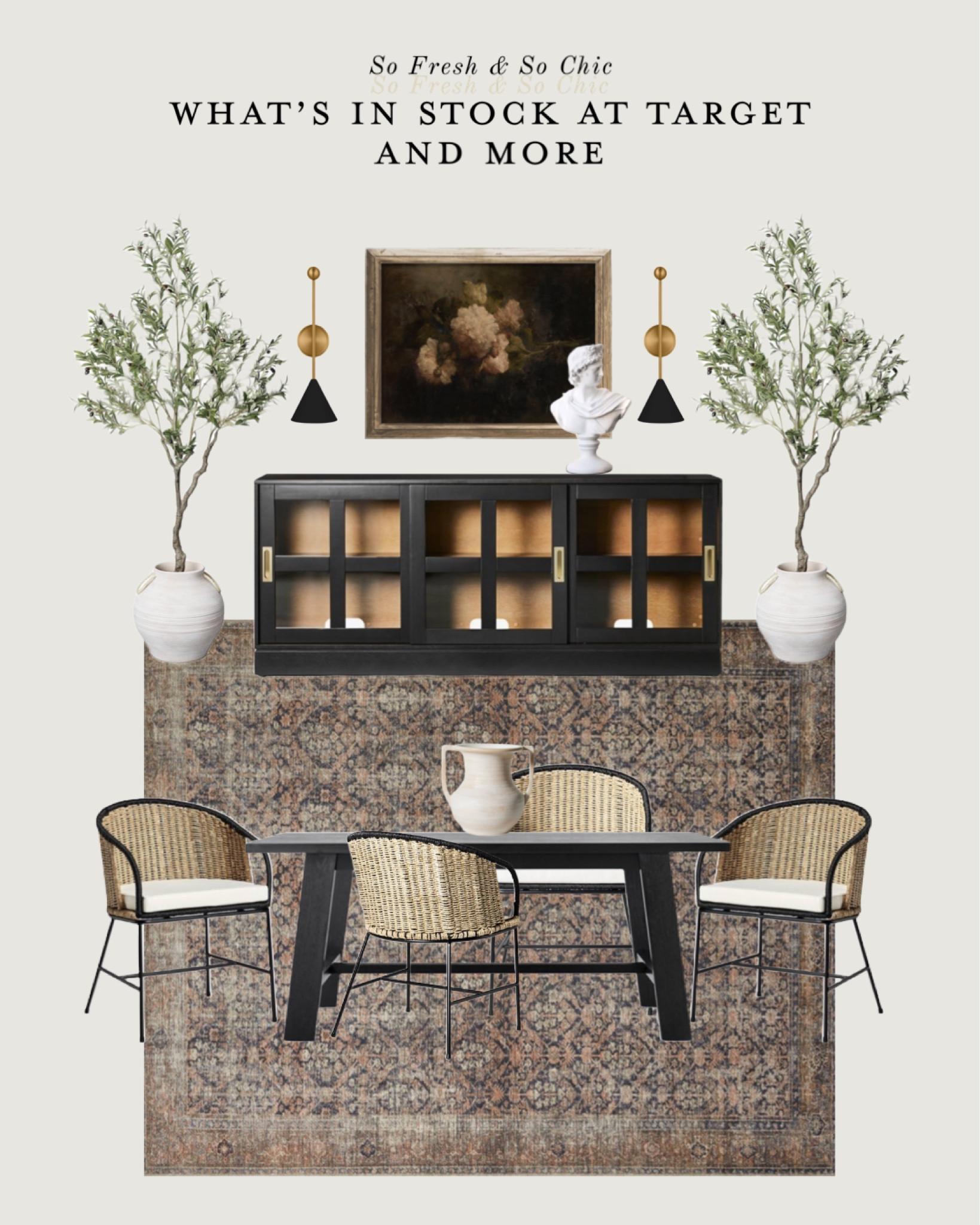 Moody transitional dining room decor! New Romantic style.
-
Black sliding glass door cabinet - woven seagrass dining chairs - black wood farmhouse dining table - large trophy vase - Grecian bust large - faux olive tree with planter - Billie traditional rug - large black and brass wall sconce - moody vintage floral oil painting art - digital printable art - affordable art - studio mcgee target threshold furniture - affordable dining room decor - Amazon home - etsy - McGee and co sconce   

#LTKunder100 #LTKsalealert #LTKhome