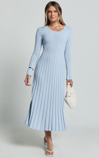 Blaire Midi Dress - Long Sleeve Tie Back Flare Dress in Blue | Showpo (US, UK & Europe)