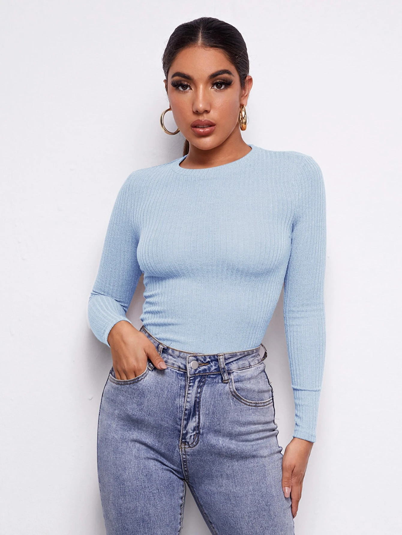 SHEIN Ribbed Knit Long Sleeve Tee | SHEIN