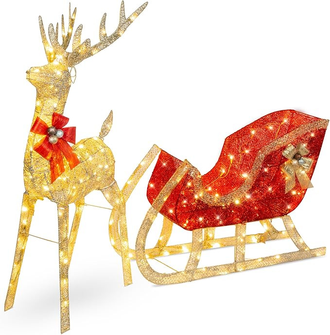 Best Choice Products Lighted Christmas 4ft Reindeer & Sleigh Holiday Outdoor Yard Decoration Set ... | Amazon (US)