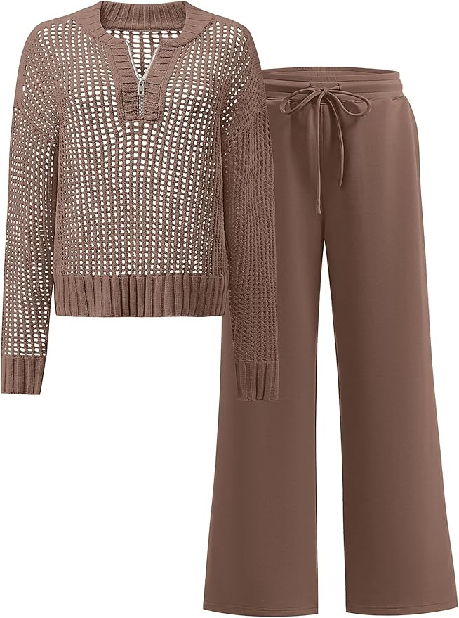 ANRABESS Womens 2 Piece Outfits 2025 Fall Crochet Knit Half Zip Sweater Top Wide Leg Pant Travel ... | Amazon (US)
