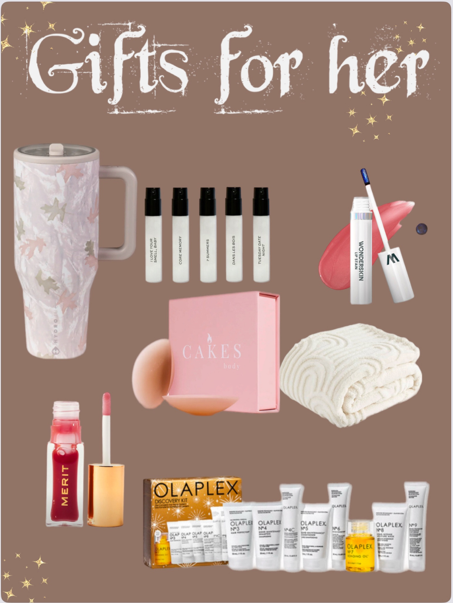 Gift ideas for the girlies 🤎💄

- cakes nipple covers 
- Merit makeup  and lip gloss 
- Hydrojug Camo Waterbottle 
- Bedsure blanket 
- Olaplex gift set 🎁 
- wonderkin lip stain 
- Dime fragrance samples 


#LTKBeauty #LTKGiftGuide #LTKHoliday
