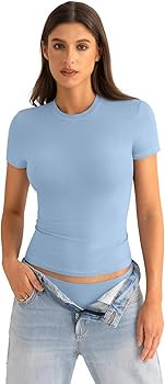 Womens Cotton Crew Neck Short Sleeve Shirts Summer Top Fashion Round Neck Crop Tops Basic Going O... | Amazon (US)