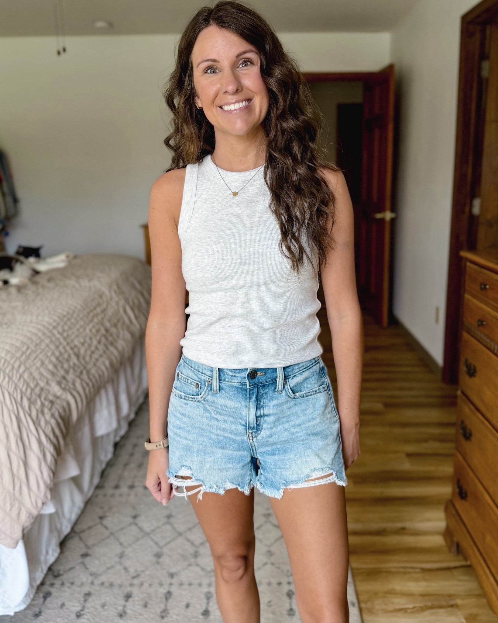 The Aerie daydreaming shorts ( on sale right now!) are sooo comfy because they have an elastic waistband. I’ve had mine for 4-5 years, so they’re older, but bring them back each year. 

I size down town xxs because they stretch down with wear. Linked this year’s version. I have the medium/light wash. This year’s version is less distressed (which I really like!)
 
small in my bra (my favorite one to wear with high neck tanks!) small in my tank, and 36 in my Birkenstock sandals!

#LTKgrwm #LTKSeasonal #LTKPetite