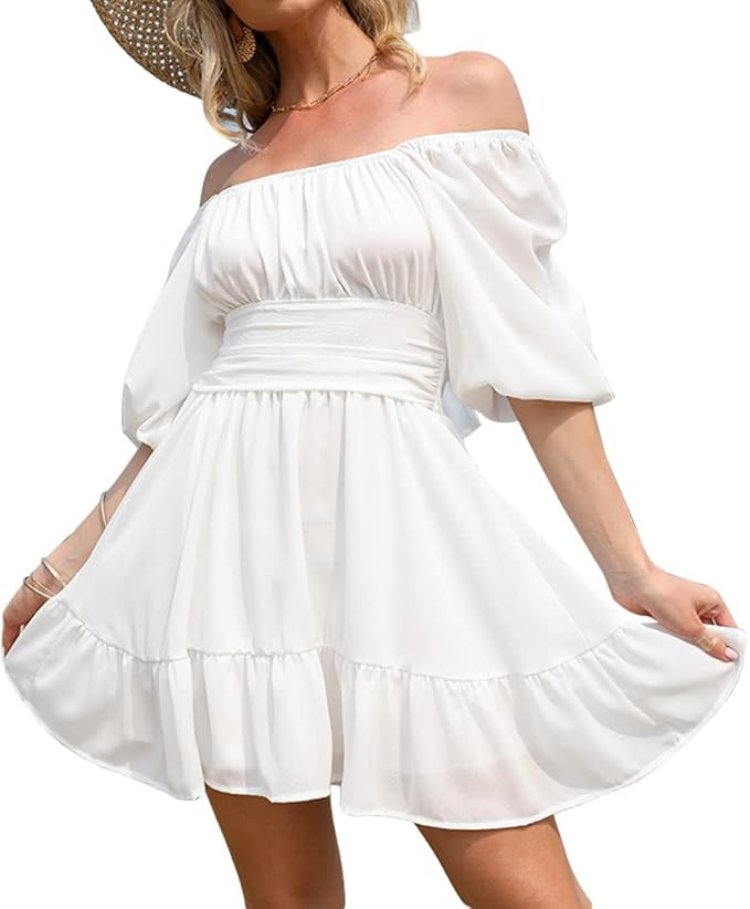 EXLURA Women's Lantern Sleeve Tie Back Casual Dresses Ruffled Off Shoulder A-Line Vintage Mini Dr... | Amazon (US)