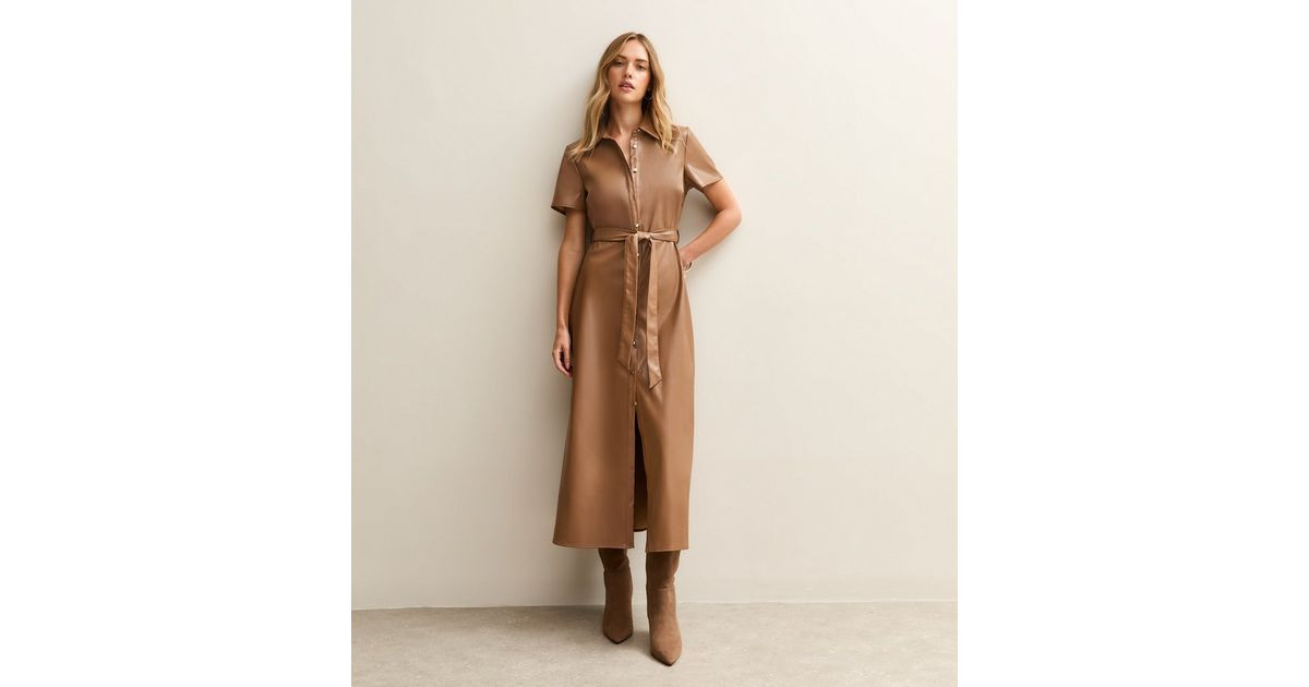 Camel Faux Leather Belted Midi Shirt Dress | New Look | New Look (UK)
