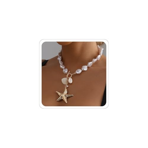Beach Necklaces for Women Chunky Gold Starfish Shell Necklace Mermaid Necklace Bobh Pearl Starfish Necklaces Summer Beach Vacation SeaShell Jewelry Accessorie (B-Gold) | Amazon (US)