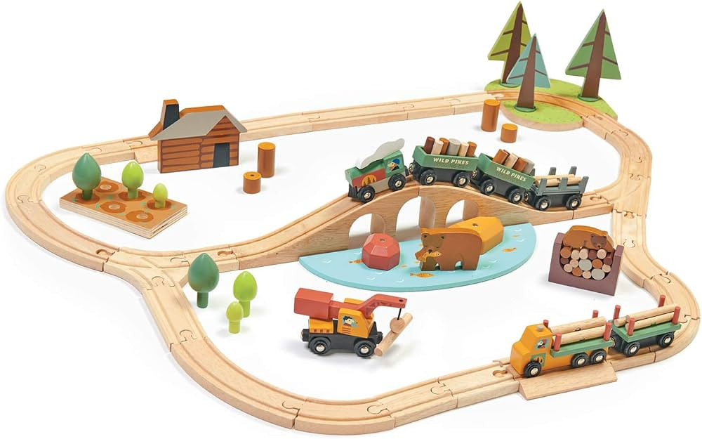Tender Leaf Toys - Wild Pines Train Set - 95 Pieces Wooden Train & Bridge Set for Kids, Toddler B... | Amazon (US)