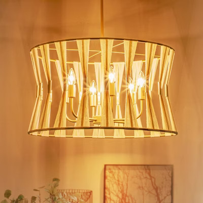 Rennnsan Mossen 24" W 6 -Light Woven Ratten Dimmable Bohemian Drum Shaded Chandelier in Ivory White | Target