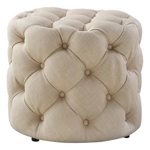 Posh Living Michalina Modern Linen Fabric Round Ottoman in Beige | Cymax