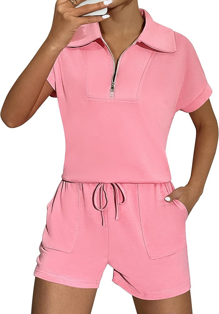 ELESOL Women Two Piece Outfits Half Zip Shorts Set and Short Sleeve Tops Lounge Sets Shorts Summe... | Amazon (US)