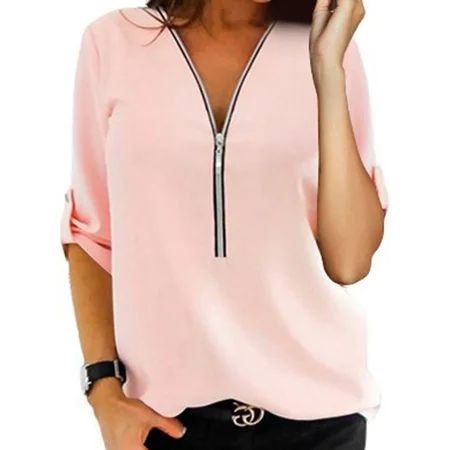 Women Blouse Chiffon Long Sleeve Ladies T Shirt Casual Plain Loose Zipper Neck Tops Plus Size S-5XL | Walmart (US)