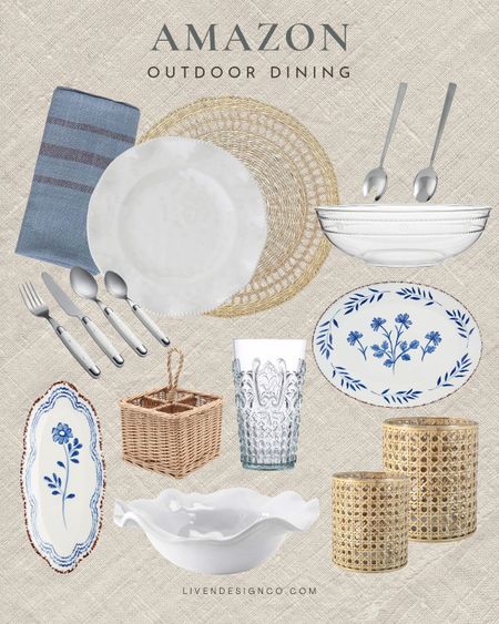 Amazon dining essentials. Outdoor dining. Dinnerware. Melamine dinner plates. Acrylic salad bowl. Serving utensils. Rattan utensil holder. Navy blue striped cloth napkins. Blue floral serving Platter. Woven cane hurricane candle holders. Tablescape. Woven placemats. Flatware. Fluted bowl. Acrylic glassware. Entertaining. 

#LTKSeasonal #LTKhome #LTKstyletip