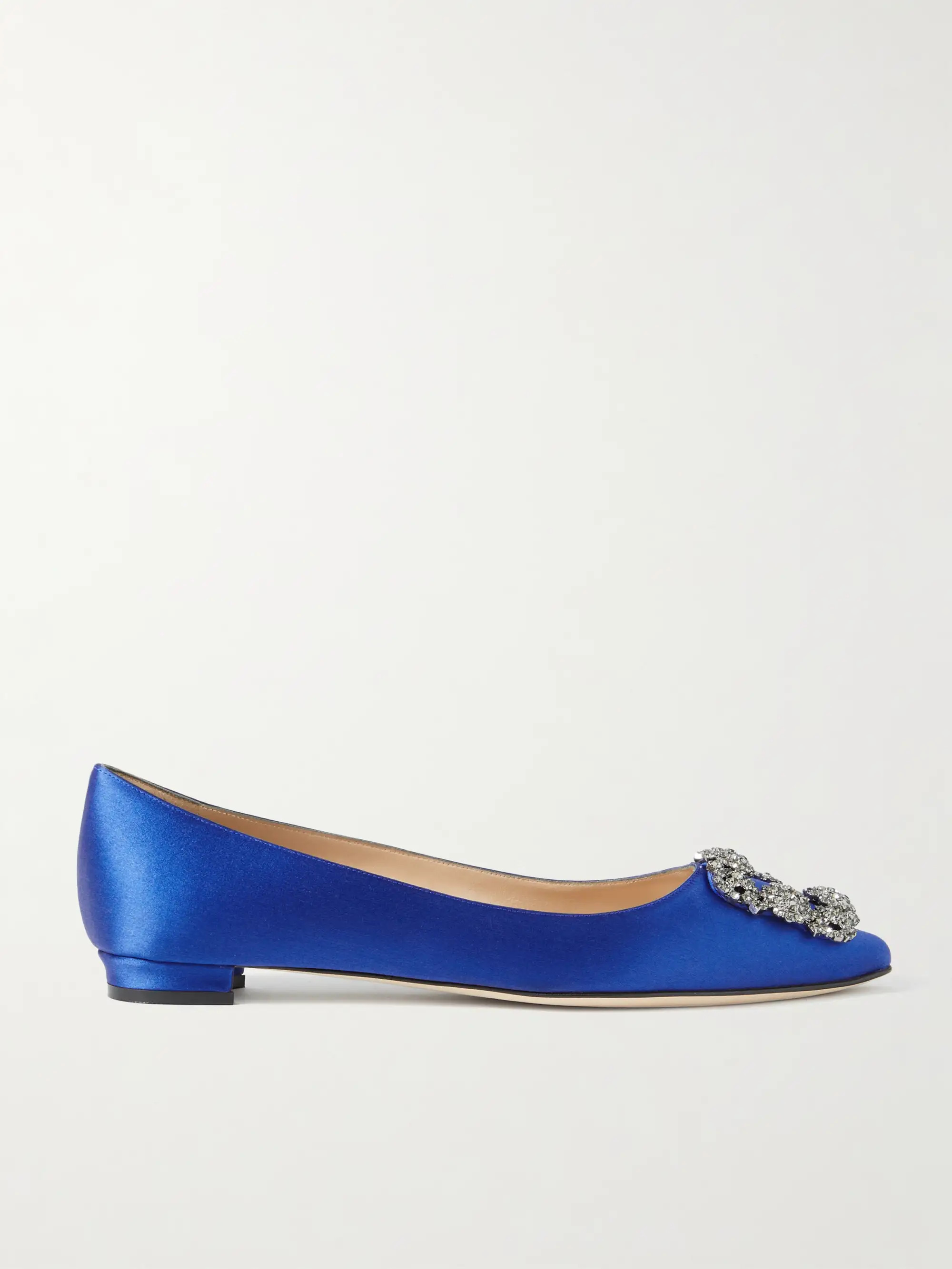 Manolo Blahnik - Hangisi Crystal-embellished Satin Point-toe Flats - Blue | NET-A-PORTER (US)