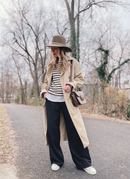 Spring outfit, trench coat, wide leg trousers, white sneakers, striped sweater, transitional style

#LTKSeasonal #LTKunder50 #LTKunder100