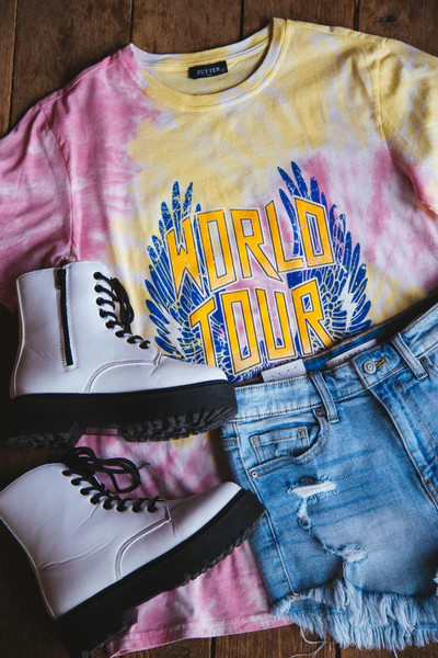 Tie Dye World Tour Graphic Tee, Pink/Yellow | North & Main Clothing Company