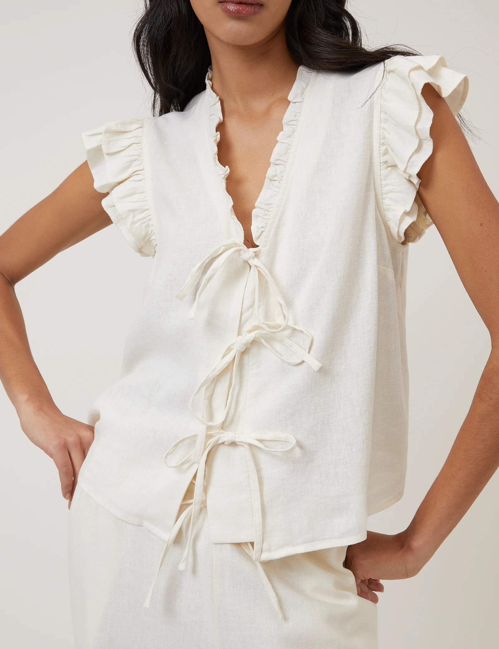 White Linen-Blend Ruffle Tie Front Top | Nobody's Child