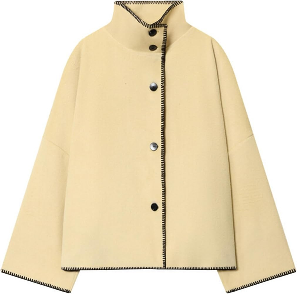 Bnigung Womens Stand Collar Wool Coat Oversized Contrast Stitching Button Down Cropped Wool Blend... | Amazon (US)