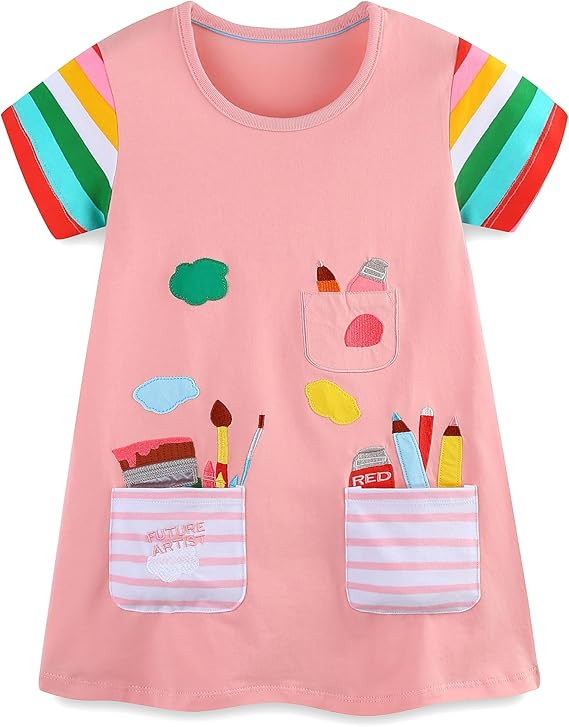FreeLu Toddler Girls Striped Summer Dress Cartoon Appliques Dresses Girls Cotton Casual Clothing ... | Amazon (US)