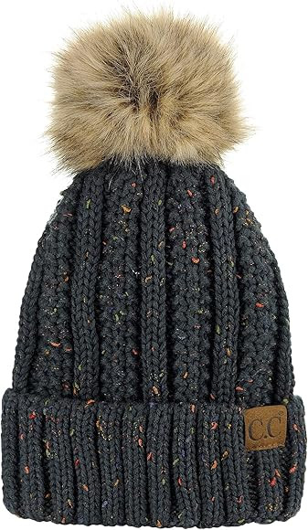 C.C Thick Cable Knit Faux Fuzzy Fur Pom Fleece Lined Skull Cap Cuff Beanie | Amazon (US)