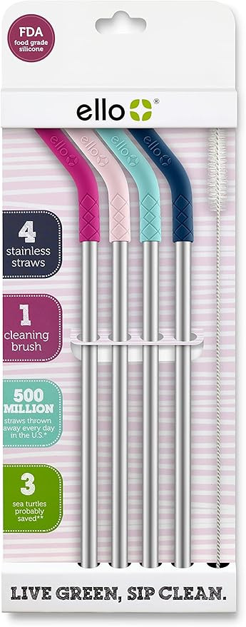 Ello Impact Reusable Stainless Steel Straws with Cleaning Brush, 4 Piece, June Breeze | Amazon (US)
