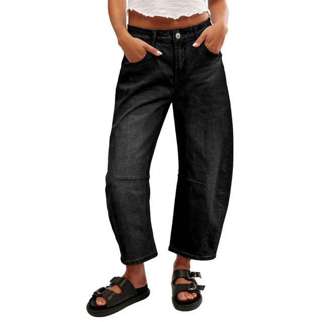 DOKOTOO Women's Barrel Jeans Wide Leg Vintage Mid Rise Y2k Baggy Boyfriend Ankle Denim Pants Blac... | Walmart (US)