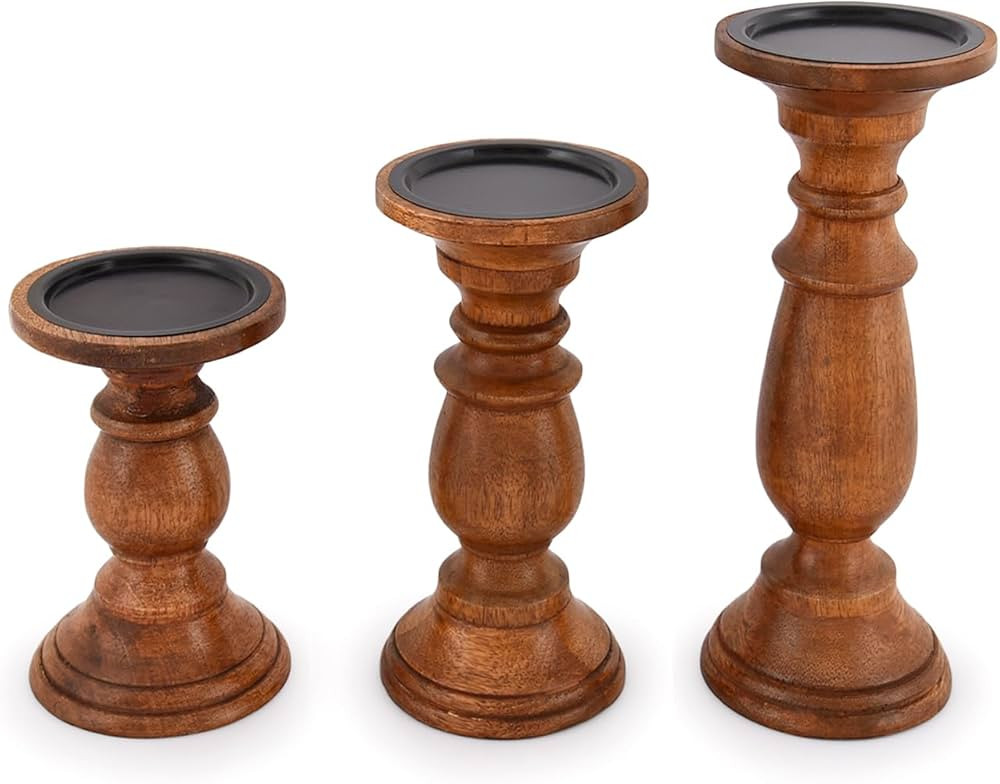 Natural Round Turned Candle Holders for Pillar Candles Set of 3 Vintage Style Mango Wood Candle H... | Amazon (US)