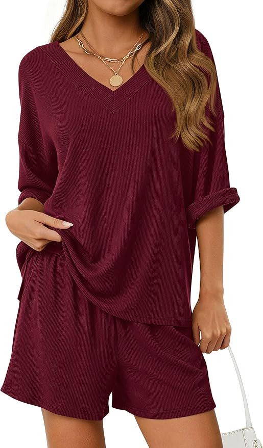 PRETTYGARDEN Womens 2 Piece Sets 2026 Oversized Vneck Half Sleeve Tops Shorts Lounge Set Casual S... | Amazon (US)