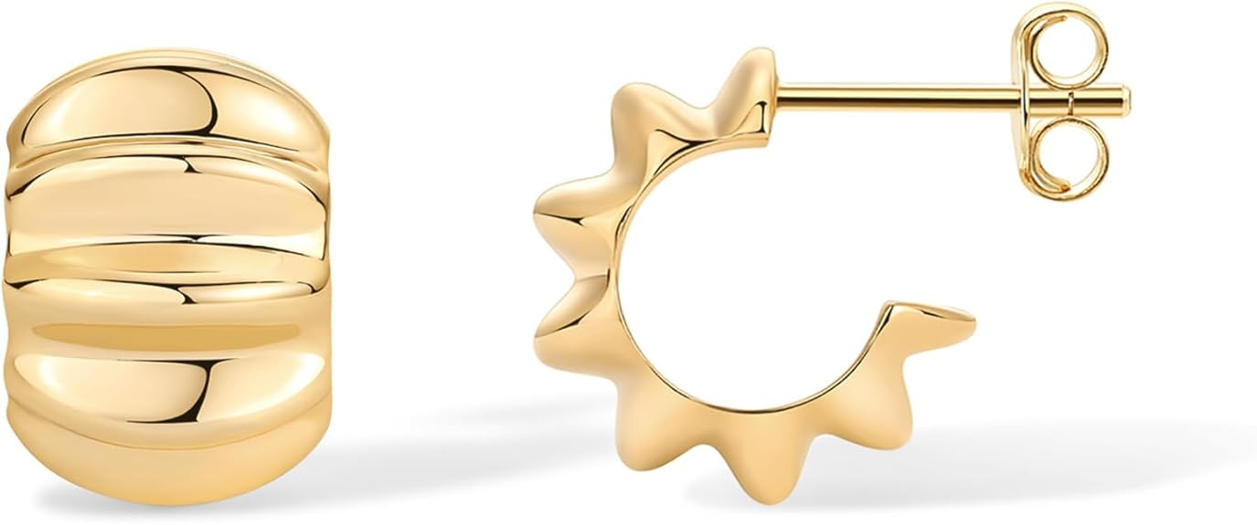 PAVOI 14K Gold Plated Ribbed Hoop Earrings for Women - Chunky Ridge Statement Earrings - Boho Puf... | Amazon (US)