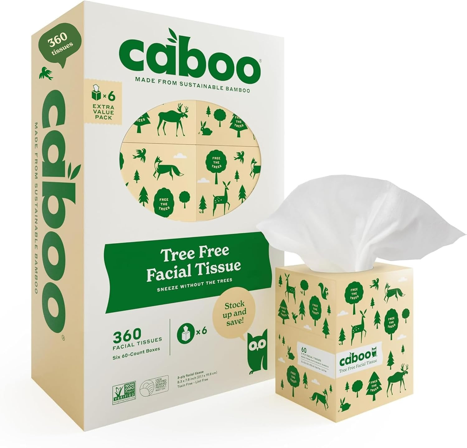 Caboo Tree Free Facial Tissues, 60 Tissues Per Box, 360 Total | Amazon (US)