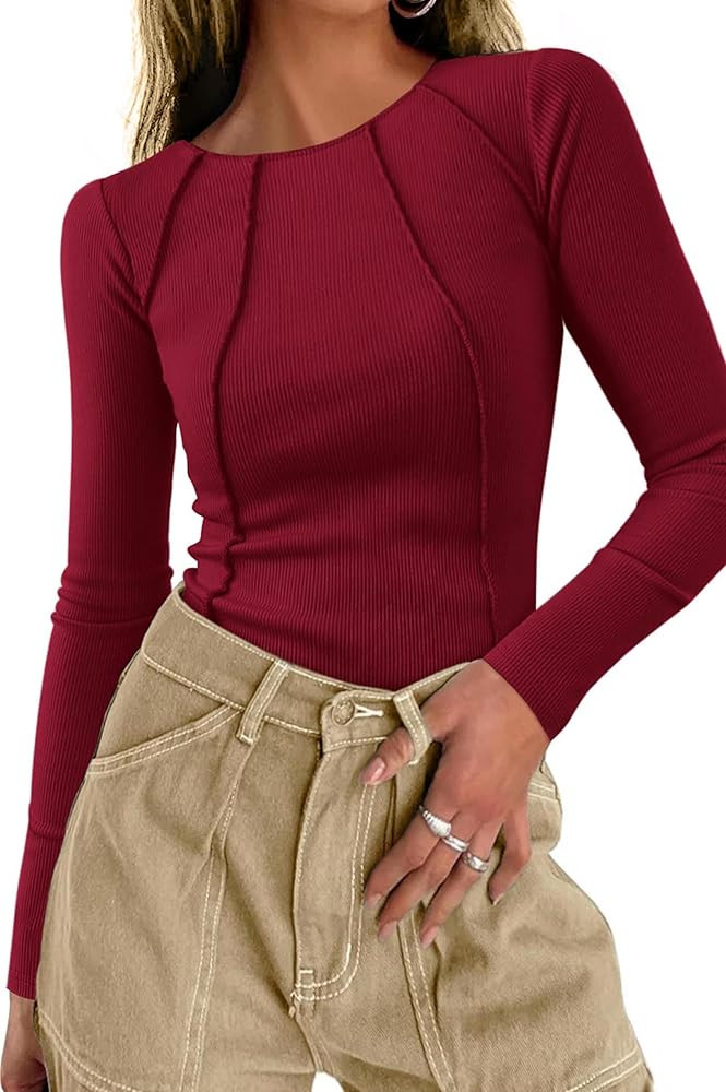 KIRUNDO Ribbed Long Sleeve Tops for Women Stretchy Slim Basic Crop Tee Tops Exposed Seams Casual ... | Amazon (US)