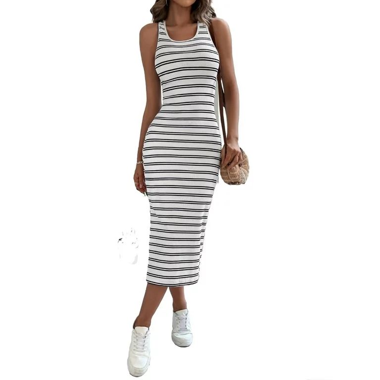 Sexy Striped Print Round Neck Tank Sleeveless Black and White Women Dresses (Women's) | Walmart (US)
