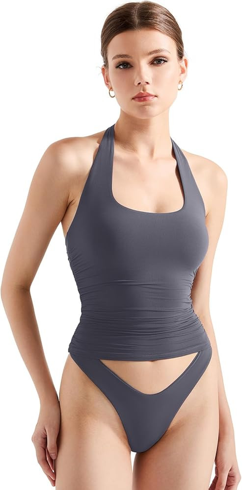 SUUKSESS Women Halter Tank Tops Double Lined Backless Y2K Trendy Going Out Tops | Amazon (US)