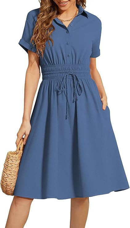 ECOWISH Spring Button Mini Shirt Dresses for Women V Neck Short Sleeve Petite Work Casual Smocked... | Amazon (US)