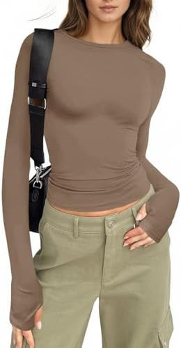 Fisoew Womens Long Sleeve T Shirts Crew Neck Basic Fall Fitted Tops Running Yoga Athletic Shirts ... | Amazon (US)