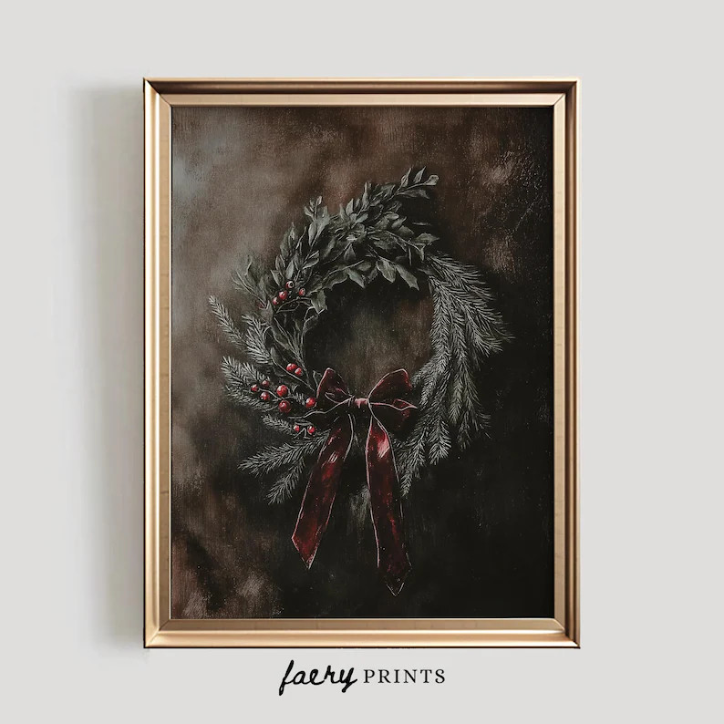 Dark Christmas Wreath Art Victorian Holiday PRINTABLE Wall Art Moody Winter Decor Festive Wreath ... | Etsy (US)
