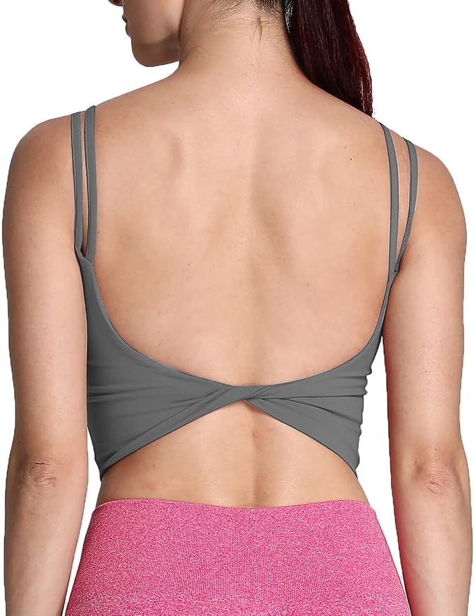 Aoxjox Women's Workout Sports Bras Fitness Padded Backless Yoga Crop Tank Top Twist Back Cami | Amazon (US)