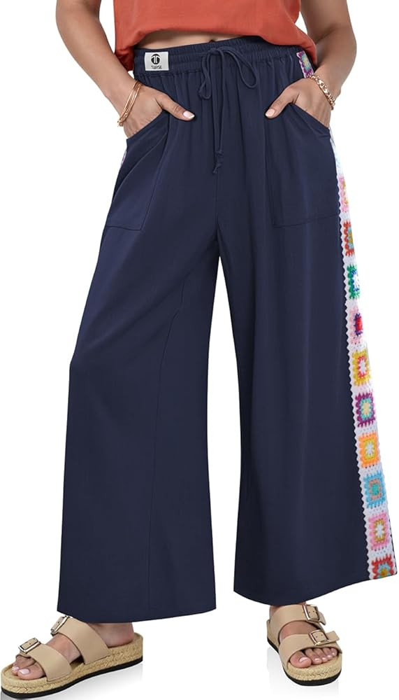 TARSE Womens Wide Leg Linen Pants Summer Casual Drawstring Loose Lounge Palazzo Crochet Panel Pan... | Amazon (US)